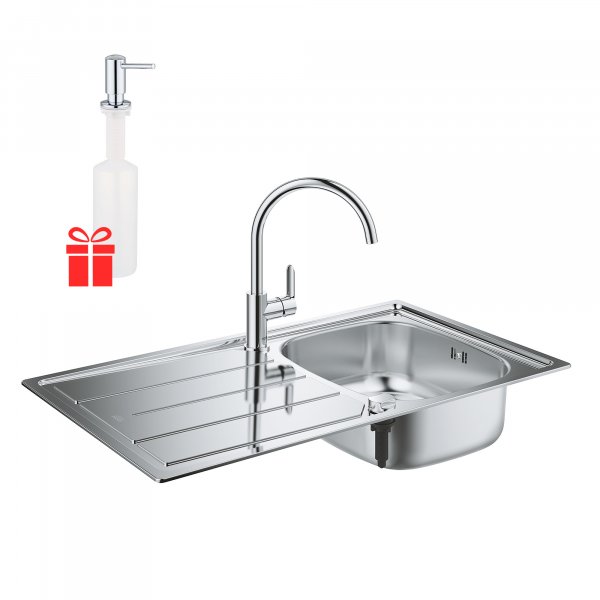 Набор Grohe мойка кухонная K200 31562SD0 + смеситель BauEdge 31367000 + дозатор для моющего средства